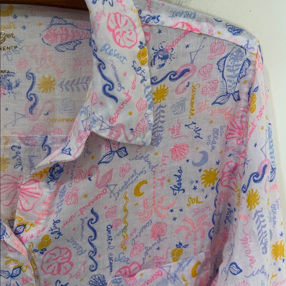 LILLY PULITZER Seacoast Linen Button Down Top Size Large - Picture 9 of 15